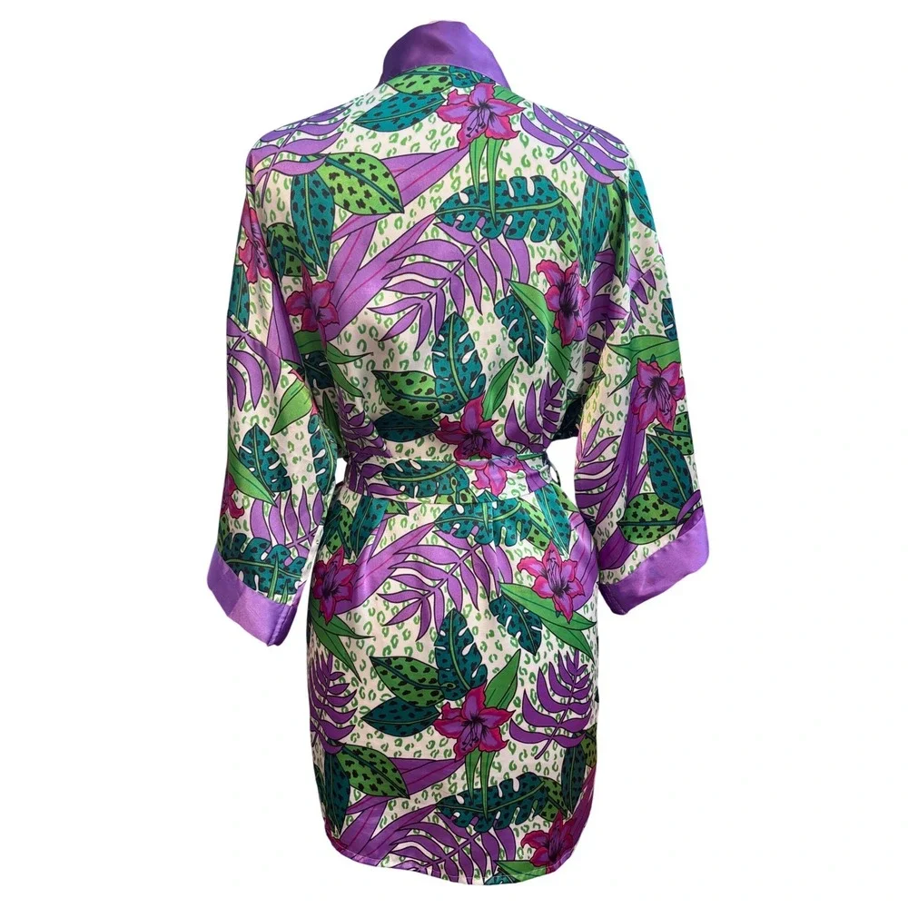 Body Drama Lingerie Robe Womens Small Purple‎ Green Tropical Leopard Excellent